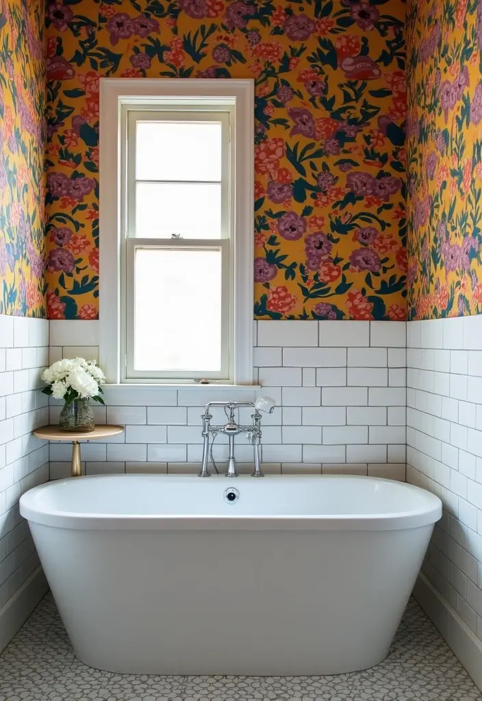 27 Subway Tile Bathroom Wall Designs That Never Go Out of Style - 13. Subway Tile Accents with Wallpaper