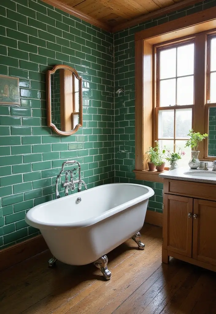 27 Subway Tile Bathroom Wall Designs That Never Go Out of Style - 2. Vintage Green Subway Tiles