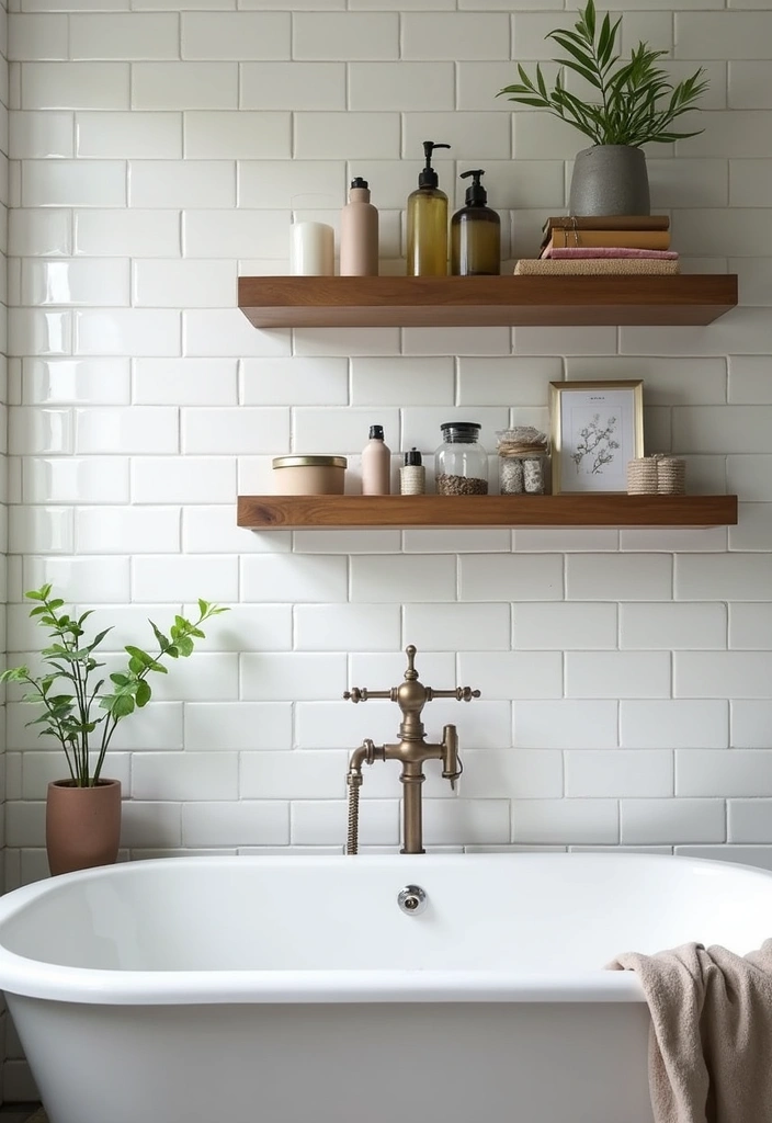 27 Subway Tile Bathroom Wall Designs That Never Go Out of Style - 21. Subway Tiles with Open Shelving