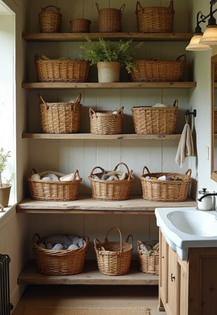 28 Bathroom Country Style Ideas Full of Rustic Charm - 12. Country Style Baskets