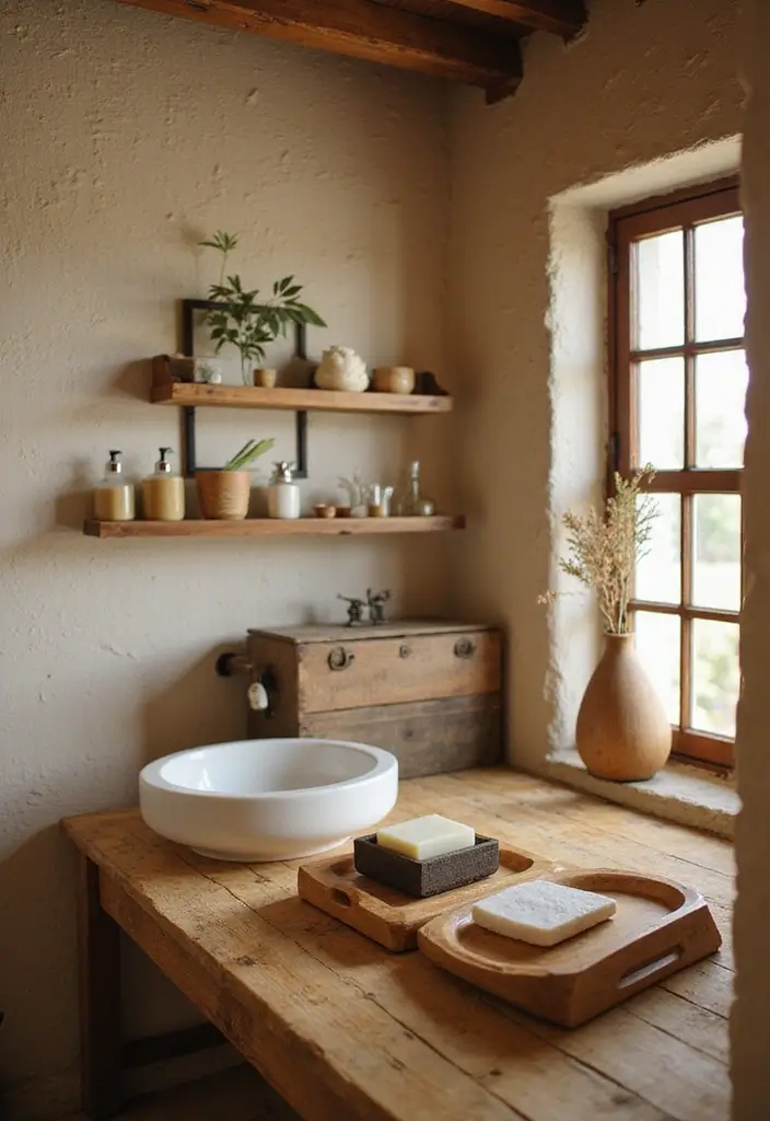 28 Bathroom Country Style Ideas Full of Rustic Charm - 15. Wooden Accessories