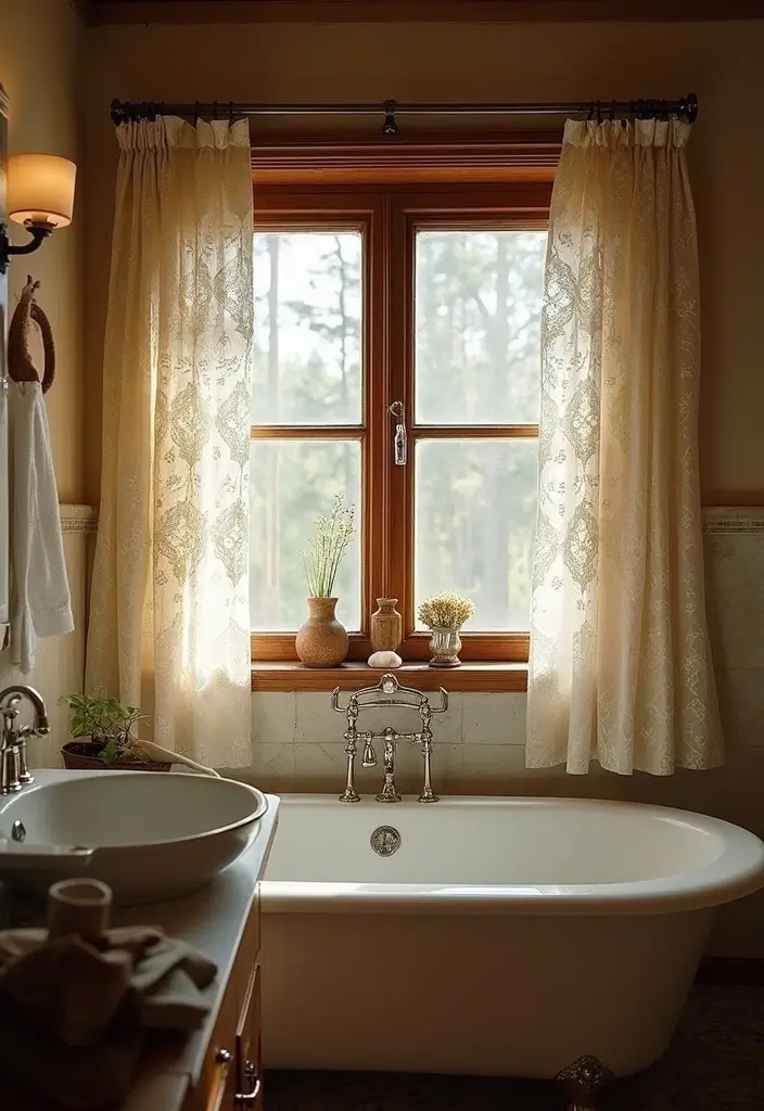 28 Bathroom Country Style Ideas Full of Rustic Charm - 20. Decorative Window Treatments