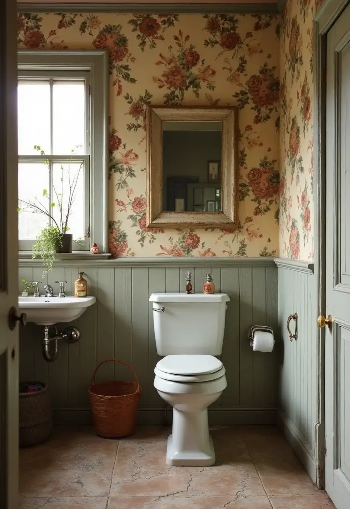 28 Bathroom Country Style Ideas Full of Rustic Charm - 25. Vintage Wallpaper