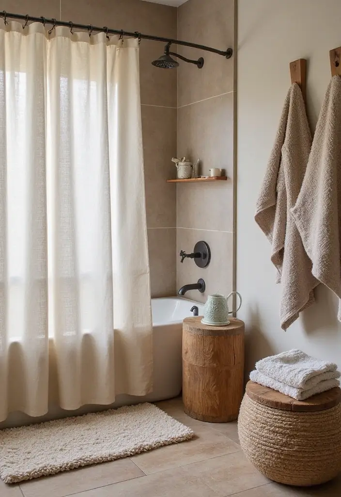 28 Bathroom Country Style Ideas Full of Rustic Charm - 4. Cozy Textiles