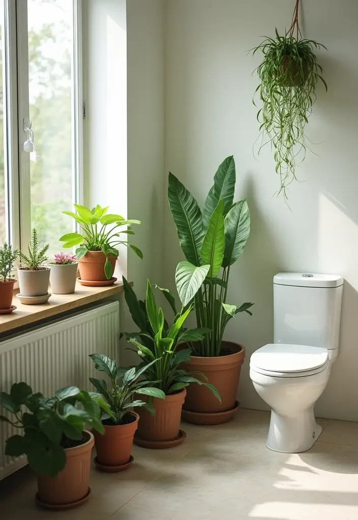 28 Bathroom Ideas Green and Serene for a Natural Vibe - 1. Lush Greenery with Potted Plants