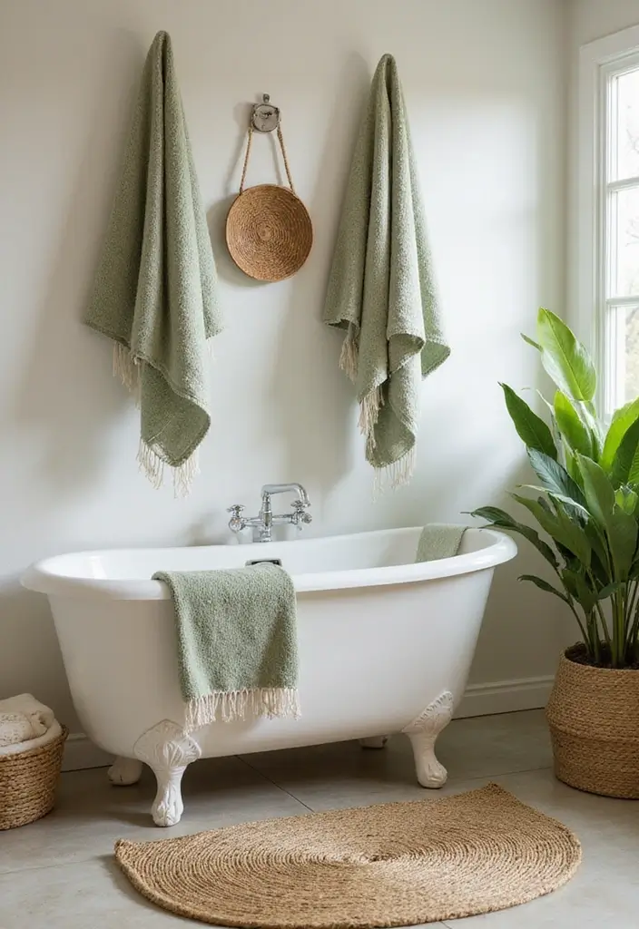 28 Bathroom Ideas Green and Serene for a Natural Vibe - 10. Woven Textiles for Warmth