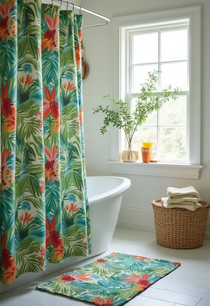 28 Cabana Bathroom Ideas for a Resort-Like Feel - 10. Tropical Prints in Textiles