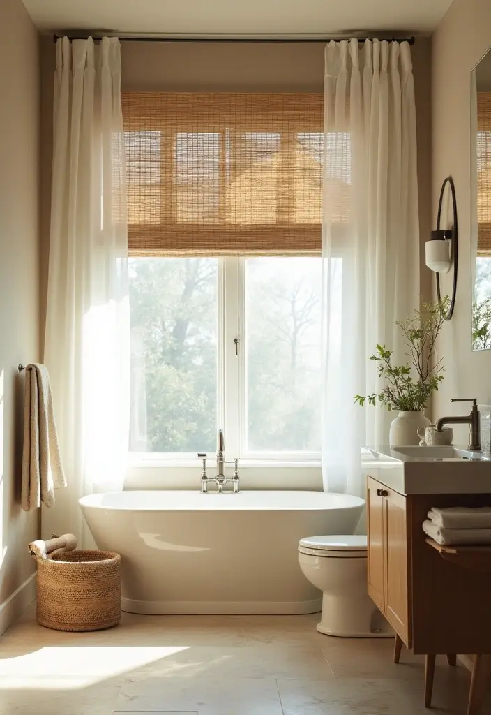 28 Cabana Bathroom Ideas for a Resort-Like Feel - 13. Elegant Window Treatments