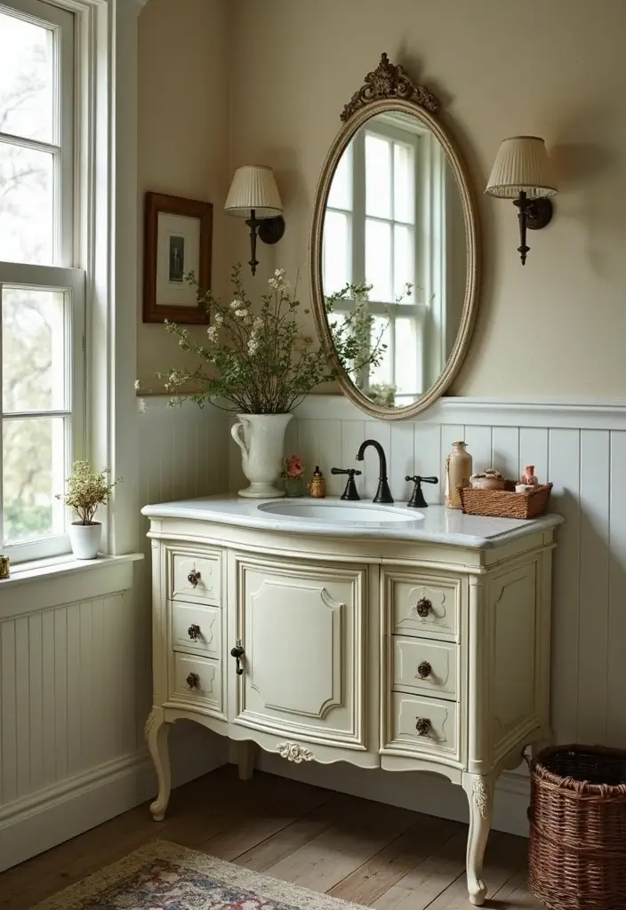 28 Cabana Bathroom Ideas for a Resort-Like Feel - 25. Incorporate Vintage Finds