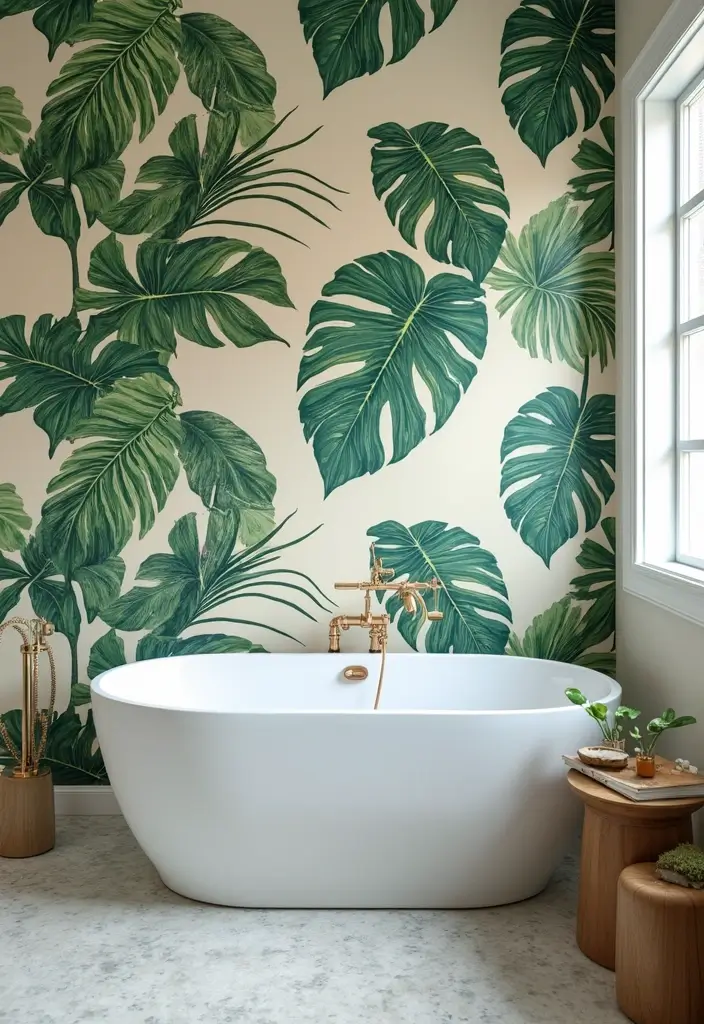 28 Cabana Bathroom Ideas for a Resort-Like Feel - 26. Bold Wallpaper Accents