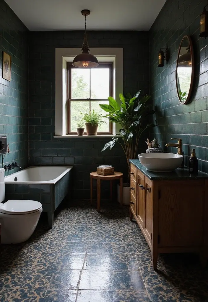 28 Dark Boho Bathroom Designs With Moody Vibes - 1. Deep Hues with Patterned Tiles