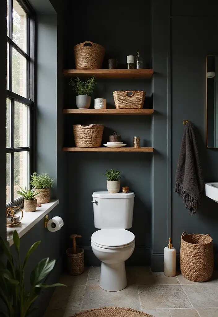 28 Dark Boho Bathroom Designs With Moody Vibes - 10. Creative Storage Solutions
