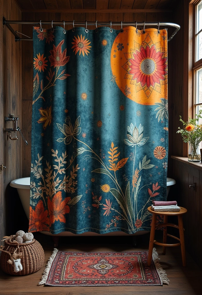 28 Dark Boho Bathroom Designs With Moody Vibes - 14. Artistic Shower Curtains