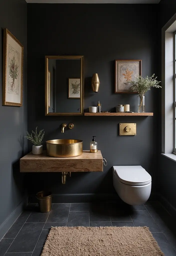 28 Dark Boho Bathroom Designs With Moody Vibes - 16. Dark Tones with Metallic Accents