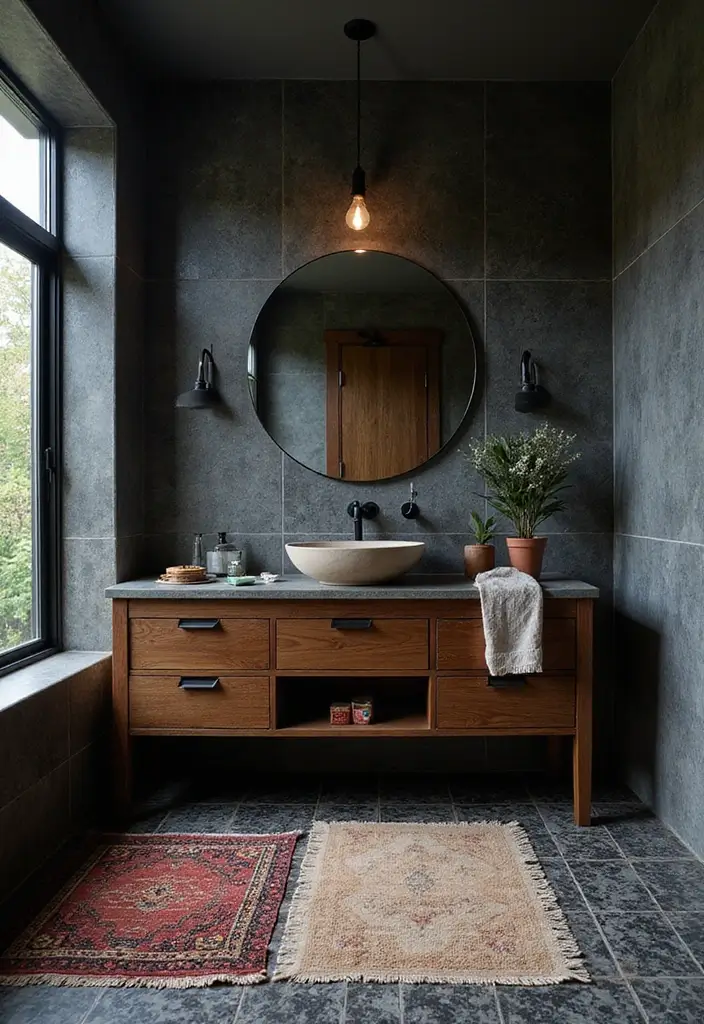 28 Dark Boho Bathroom Designs With Moody Vibes - 18. Statement Flooring