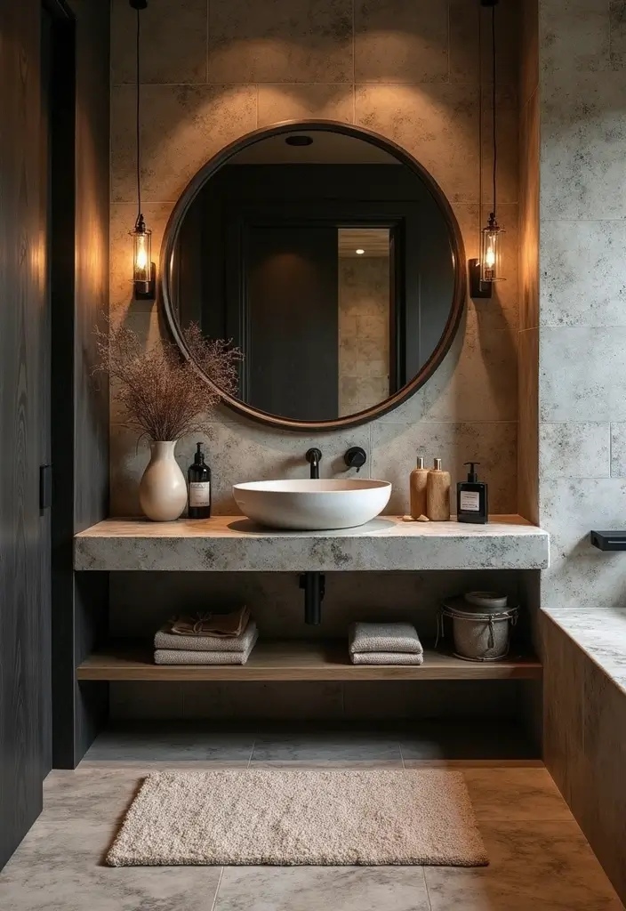 28 Dark Boho Bathroom Designs With Moody Vibes - 20. Natural Stone Accents