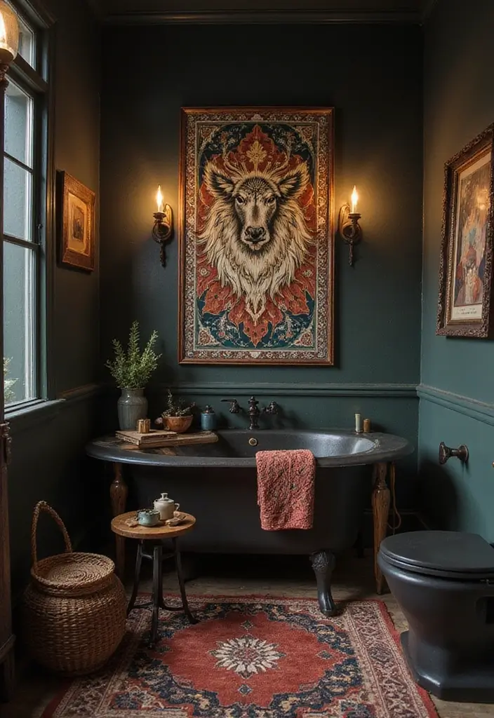 28 Dark Boho Bathroom Designs With Moody Vibes - 21. Incorporate Artwork
