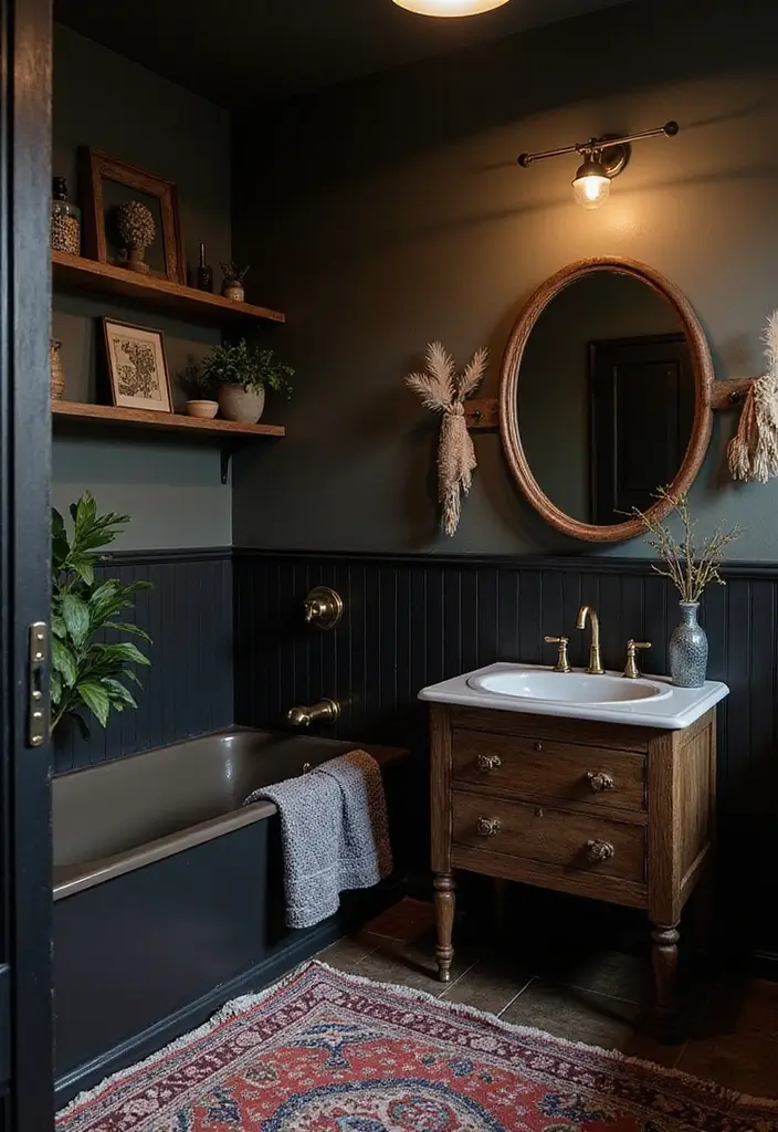 28 Dark Boho Bathroom Designs With Moody Vibes - 24. Rich Dark Paint Colors