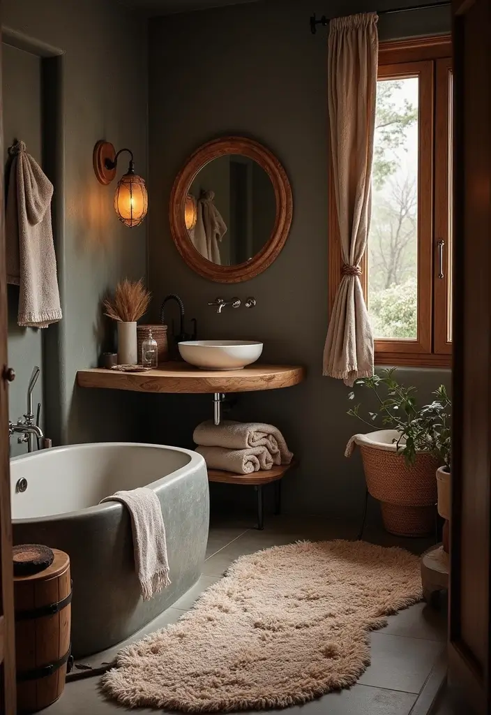 28 Dark Boho Bathroom Designs With Moody Vibes - 28. Adding Comfort with Cozy Accessories