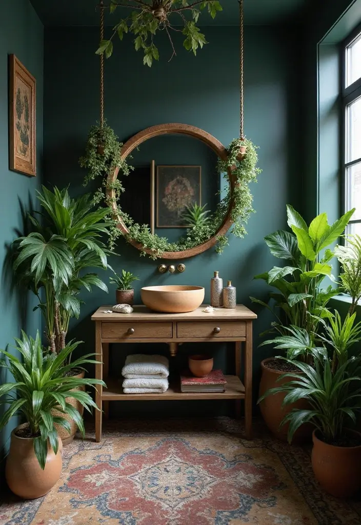 28 Dark Boho Bathroom Designs With Moody Vibes - 5. Botanical Elements for a Natural Touch