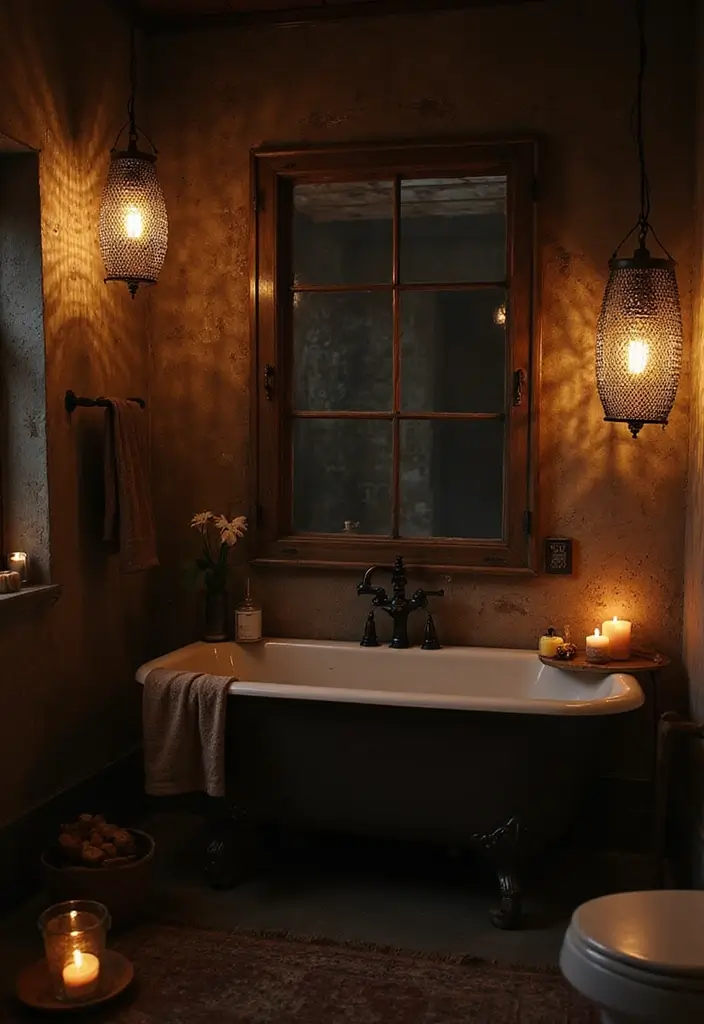 28 Dark Boho Bathroom Designs With Moody Vibes - 6. Moody Lighting Choices