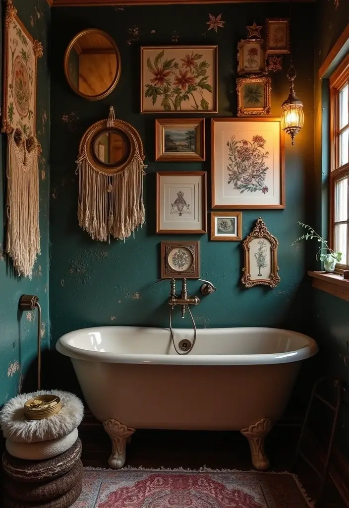 28 Dark Boho Bathroom Designs With Moody Vibes - 8. Eclectic Wall Art