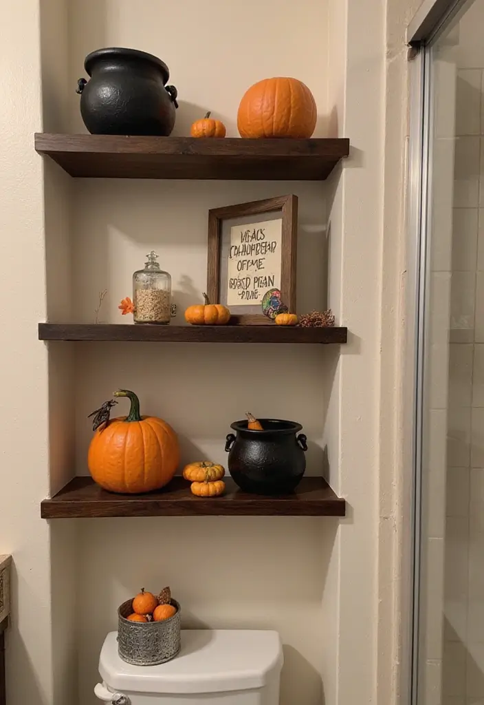 28 Halloween Bathroom Ideas That Are Spooky and Fun - 27. Charming Seasonal Shelf Decor