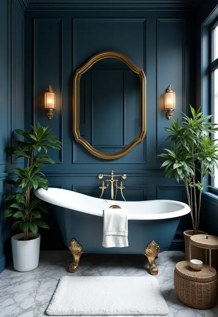 28 Navy Gold Bathroom Designs That Feel Luxe and Balanced - 1. Bold Navy Walls with Gold Trim