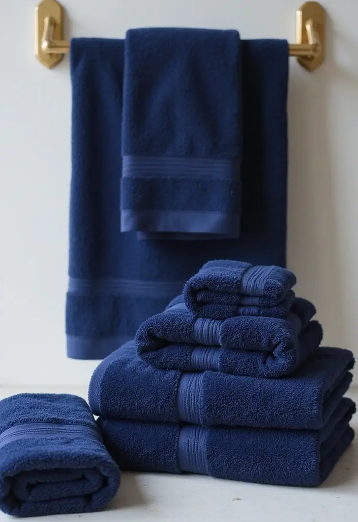 28 Navy Gold Bathroom Designs That Feel Luxe and Balanced - 12. Luxurious Navy Towels