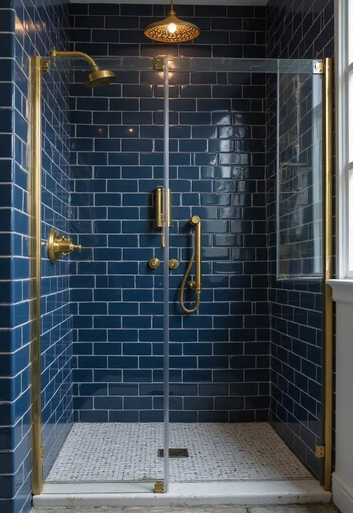 28 Navy Gold Bathroom Designs That Feel Luxe and Balanced - 14. Navy Blue Shower Tiles