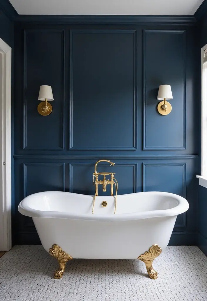 28 Navy Gold Bathroom Designs That Feel Luxe and Balanced - 15. Navy Blue Paint with Gold Accents
