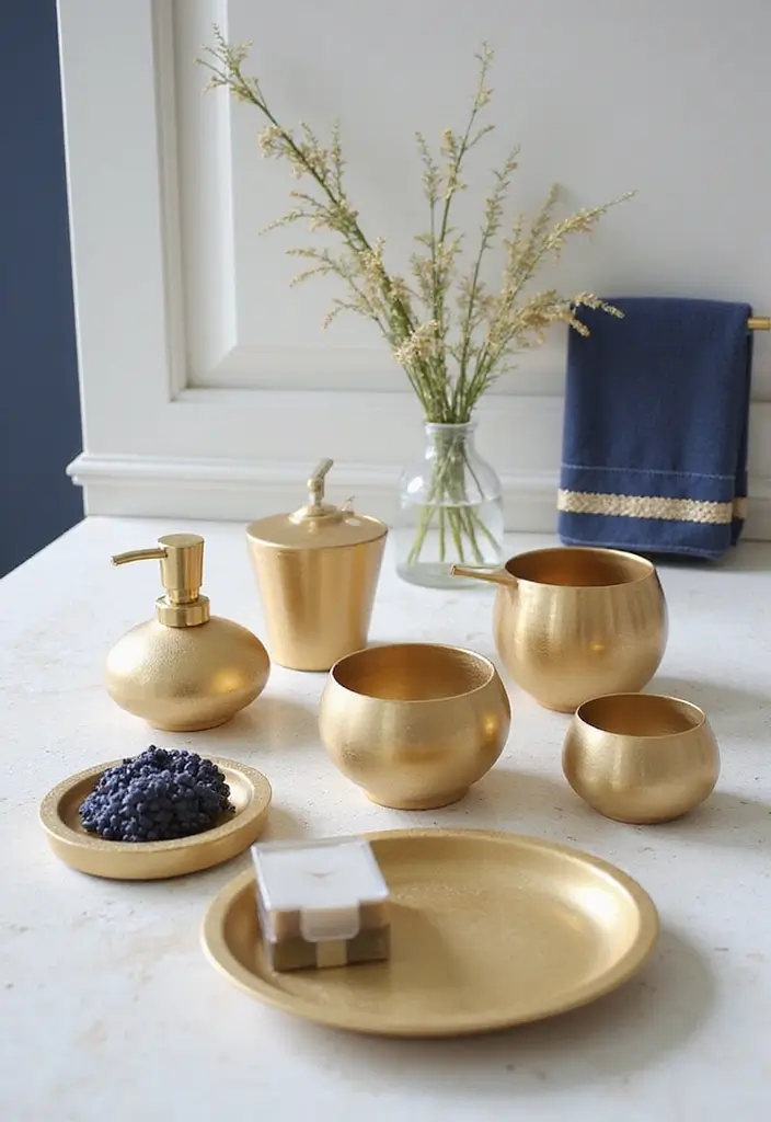 28 Navy Gold Bathroom Designs That Feel Luxe and Balanced - 16. Gold Accents in Bath Accessories