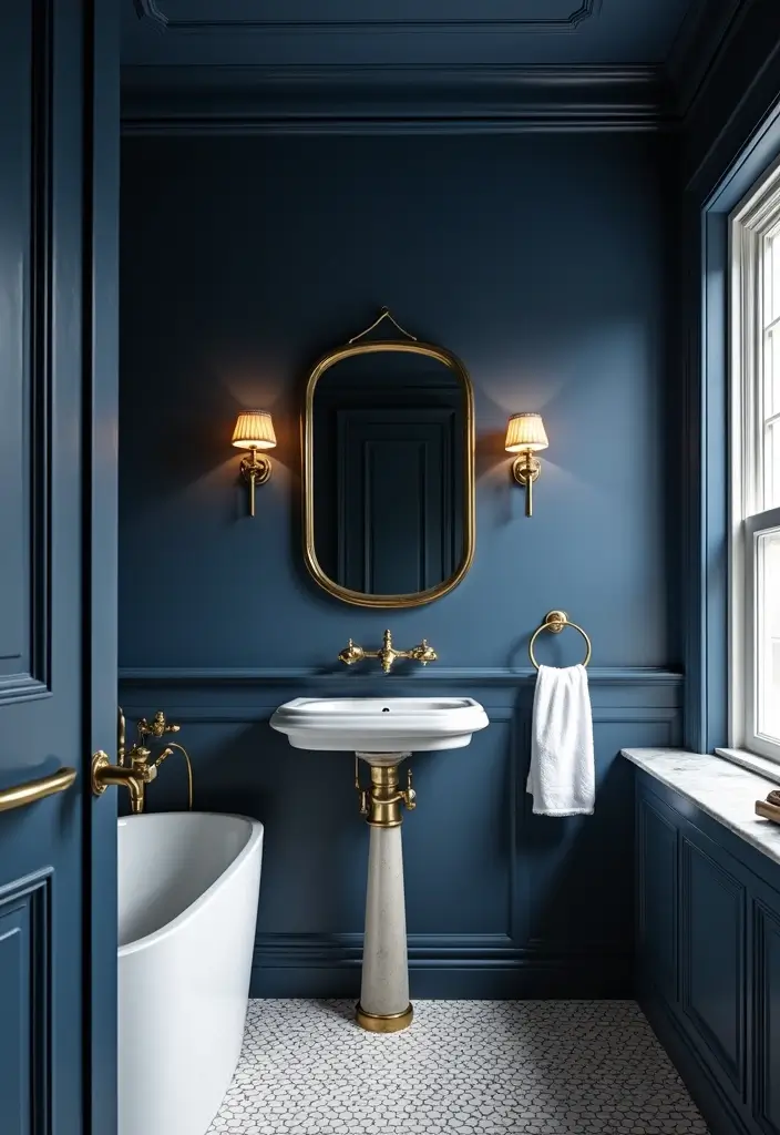 28 Navy Gold Bathroom Designs That Feel Luxe and Balanced - 17. Navy Blue Ceiling