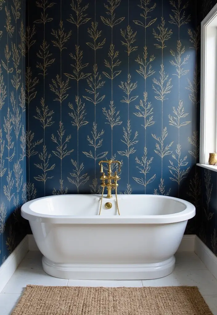 28 Navy Gold Bathroom Designs That Feel Luxe and Balanced - 18. Navy and Gold Wallpaper