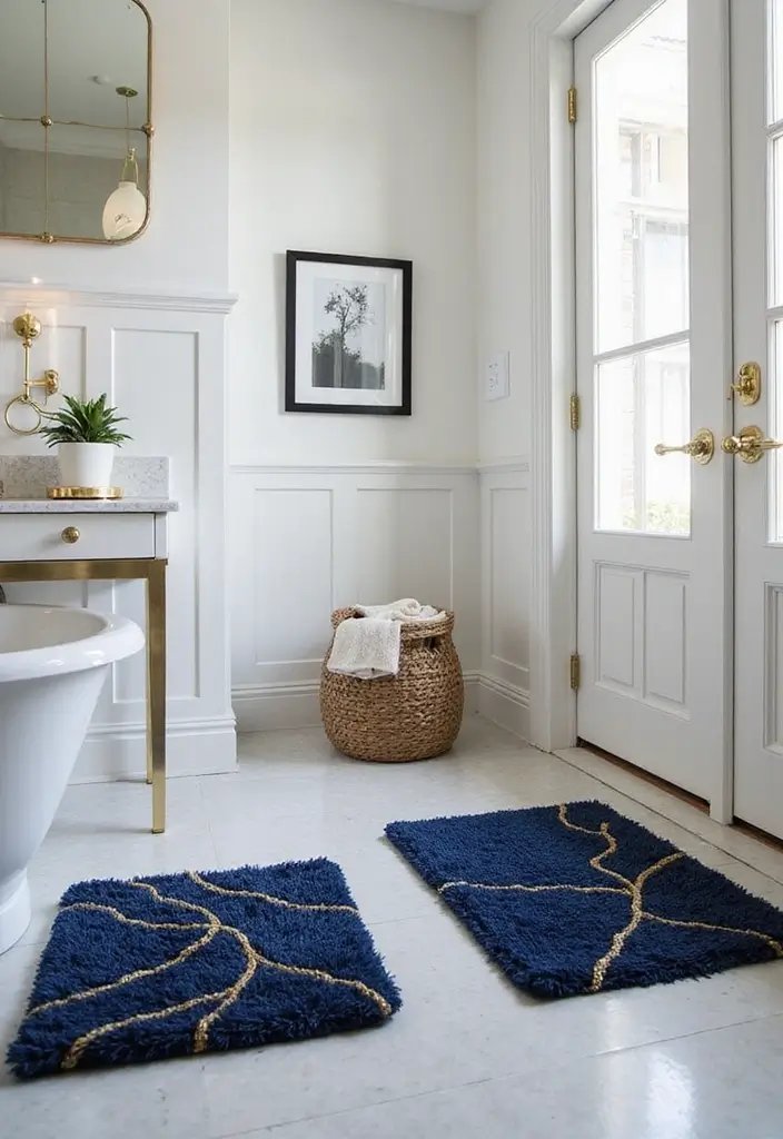 28 Navy Gold Bathroom Designs That Feel Luxe and Balanced - 19. Navy and Gold Bath Mats