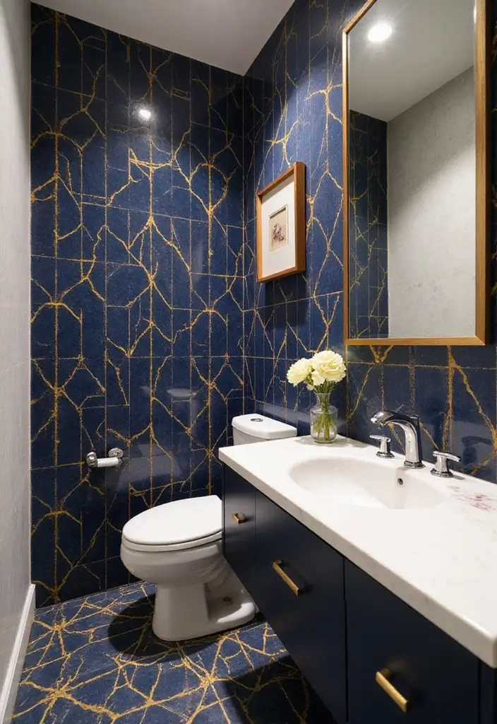 28 Navy Gold Bathroom Designs That Feel Luxe and Balanced - 2. Navy and Gold Tile Patterns