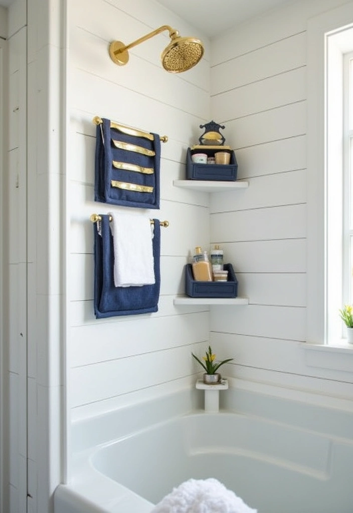 28 Navy Gold Bathroom Designs That Feel Luxe and Balanced - 20. Navy and Gold Shower Caddies