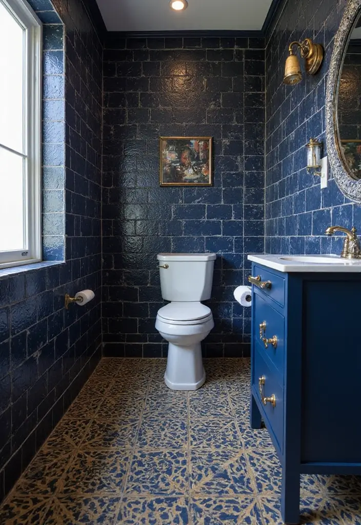 28 Navy Gold Bathroom Designs That Feel Luxe and Balanced - 21. Navy Blue Grout with Gold Tiles