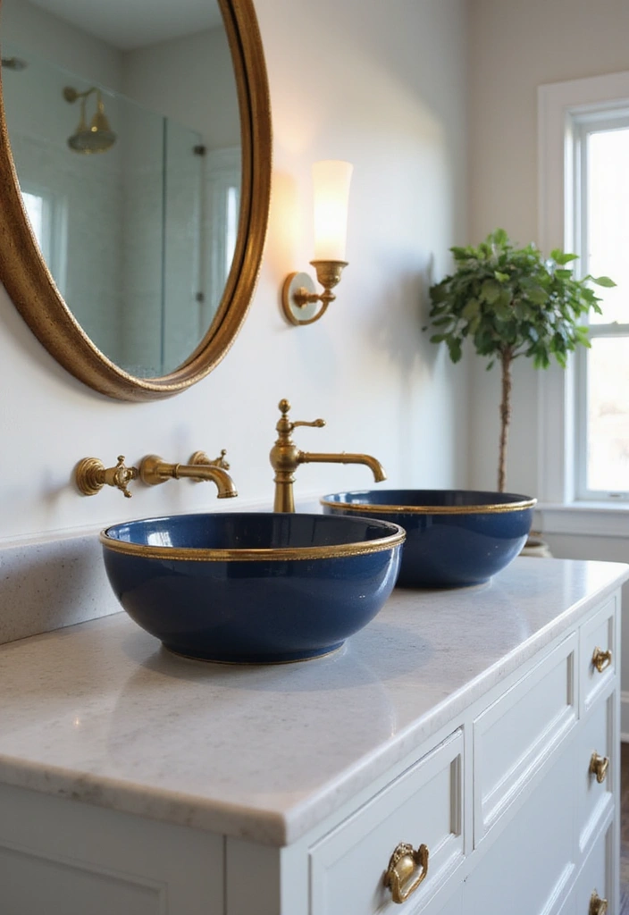 28 Navy Gold Bathroom Designs That Feel Luxe and Balanced - 22. Decorative Navy and Gold Bowls