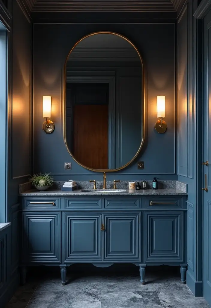 28 Navy Gold Bathroom Designs That Feel Luxe and Balanced - 23. Navy and Gold Wall Sconces