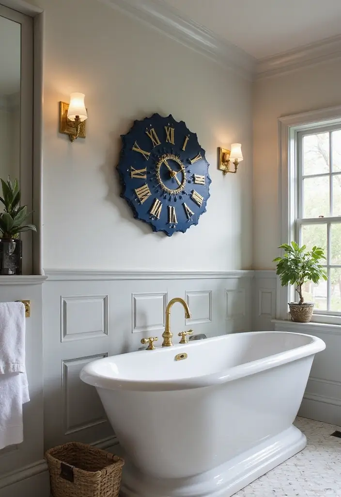 28 Navy Gold Bathroom Designs That Feel Luxe and Balanced - 24. Navy and Gold Clocks