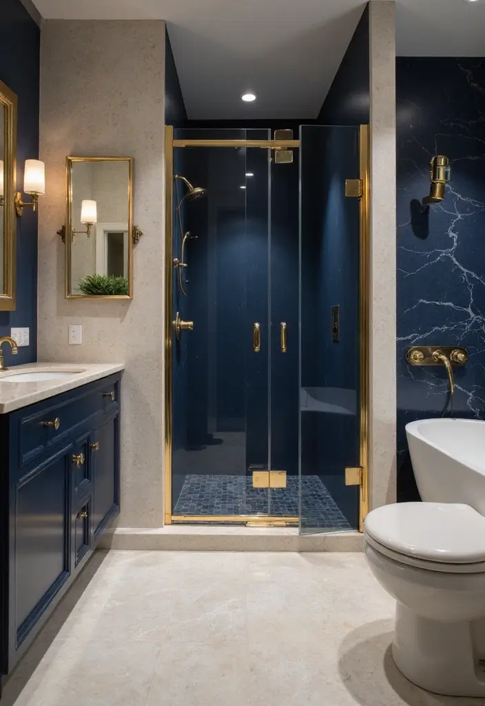 28 Navy Gold Bathroom Designs That Feel Luxe and Balanced - 26. Dual-tone Navy and Gold Shower Doors