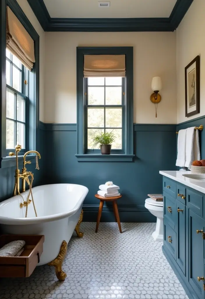 28 Navy Gold Bathroom Designs That Feel Luxe and Balanced - 28. Transitional Navy and Gold Design