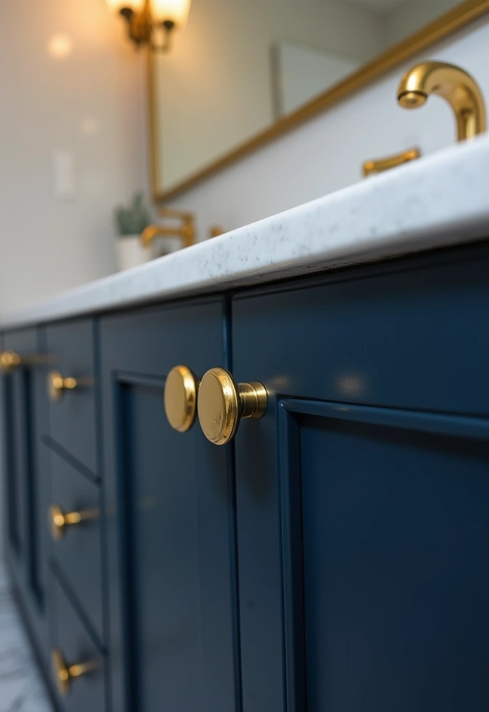 28 Navy Gold Bathroom Designs That Feel Luxe and Balanced - 3. Gold Accents in Hardware