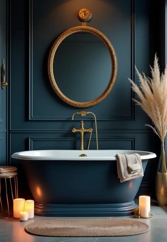 28 Navy Gold Bathroom Designs That Feel Luxe and Balanced - 4. Luxurious Navy Bathtubs