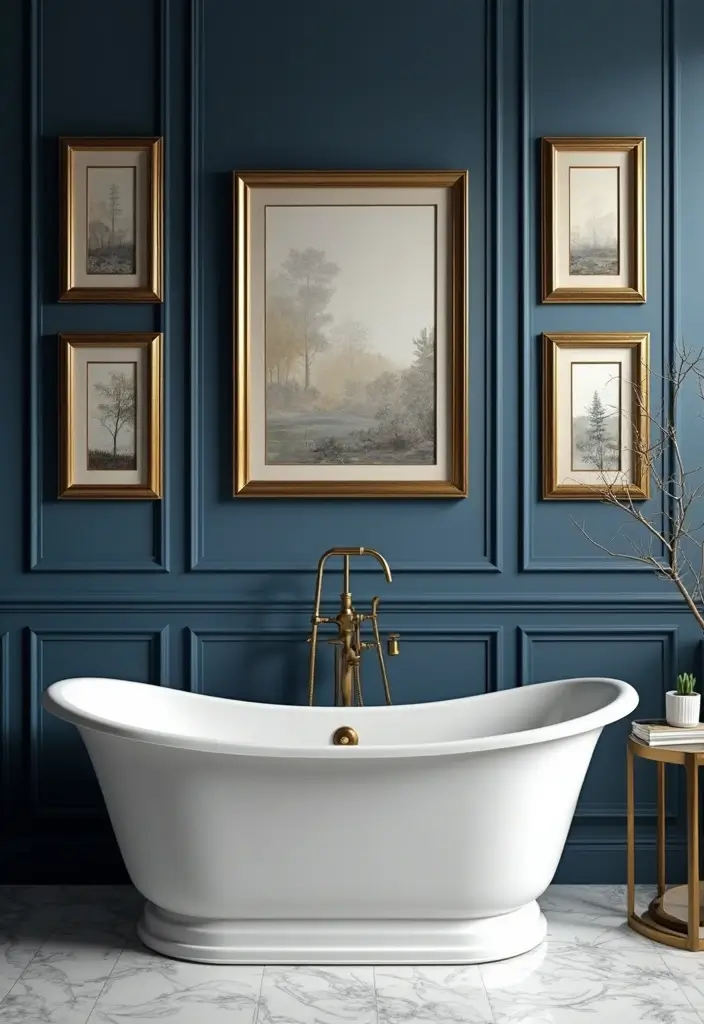 28 Navy Gold Bathroom Designs That Feel Luxe and Balanced - 5. Elegant Wall Art