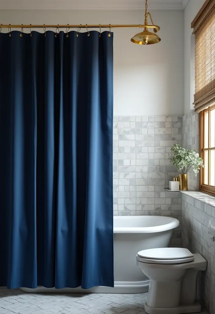 28 Navy Gold Bathroom Designs That Feel Luxe and Balanced - 6. Navy Blue Shower Curtains
