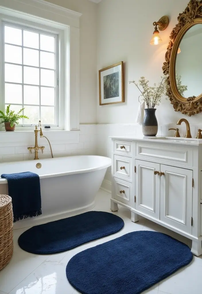 28 Navy Gold Bathroom Designs That Feel Luxe and Balanced - 8. Navy Blue Accent Rugs