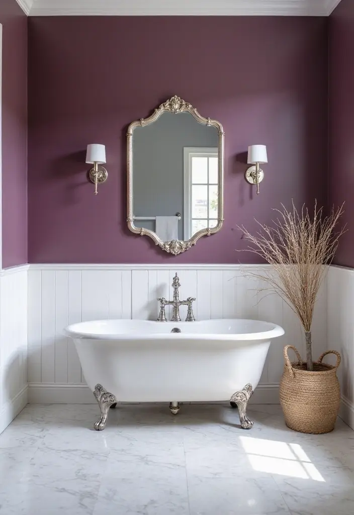 28 Plum Bathroom Ideas With Deep Luxurious Tones - 1. Deep Plum Feature Wall