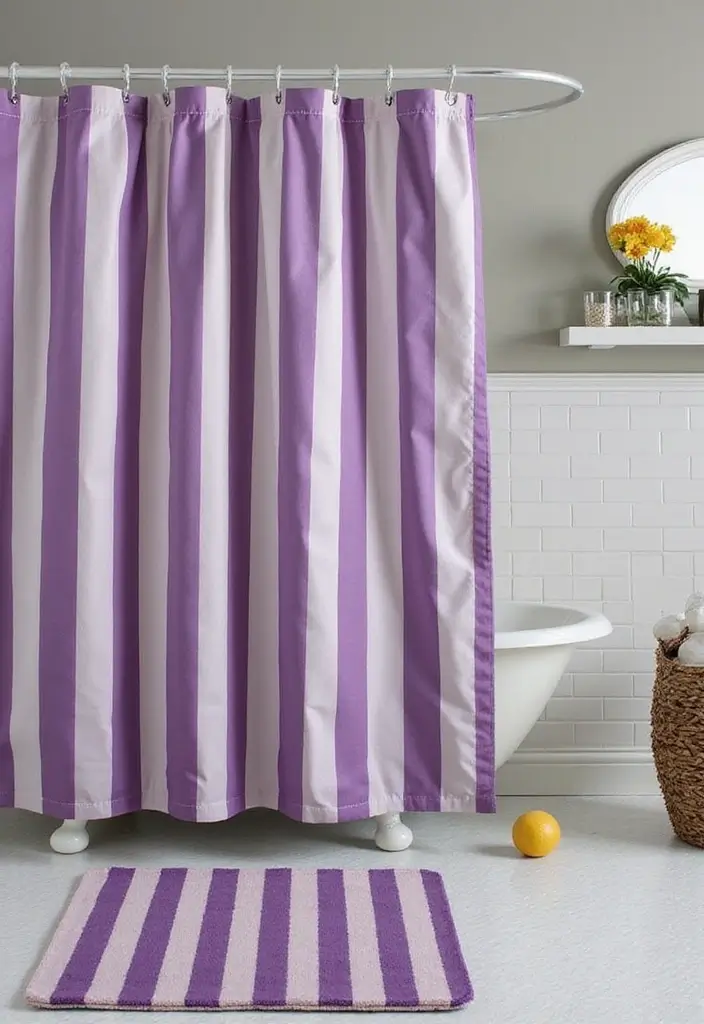28 Plum Bathroom Ideas With Deep Luxurious Tones - 10. Plum and White Striped Shower Curtain